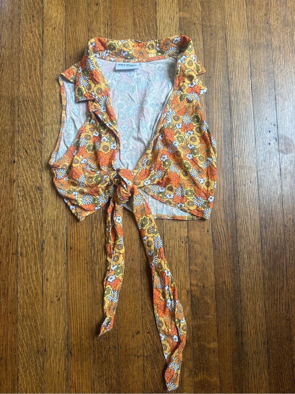 Her Pony Retro Floral Tie-Front Crop Top - Size 6
